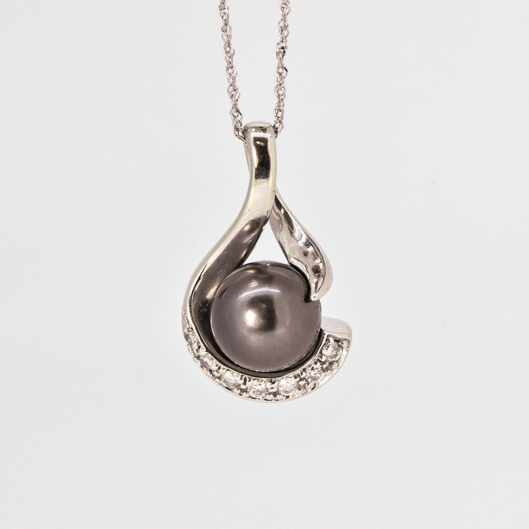 Unique Masculine Modernist Hematite and Black Pearl Pendant store with 14K White Gold